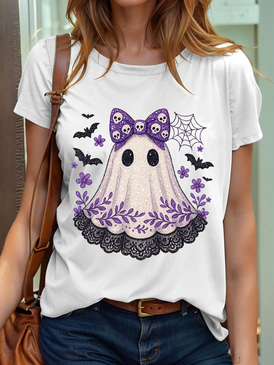 Camiseta con estampado Ghos de encaje lindo de Halloween para mujer