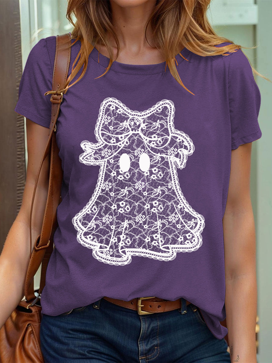 Camiseta de manga corta Halloween Lace Ghost para mujer