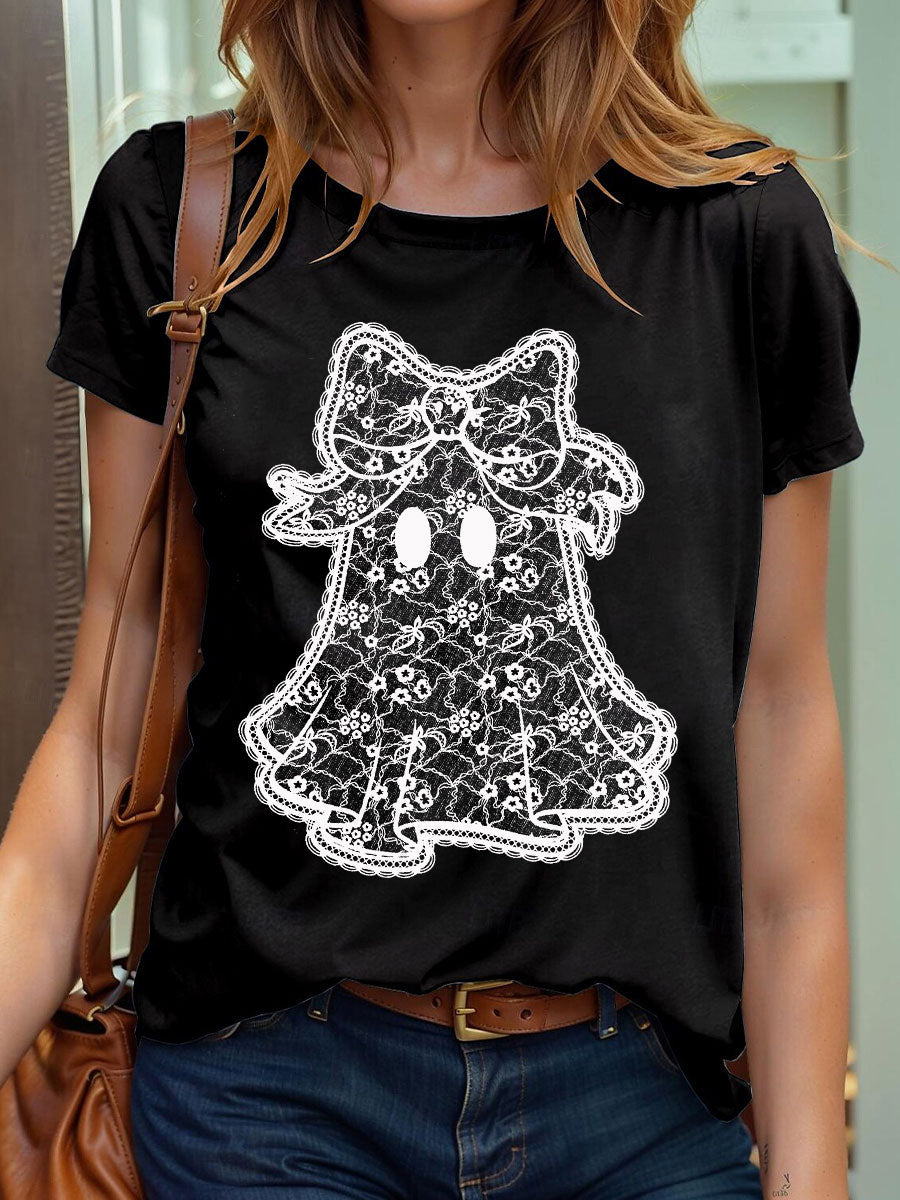 Camiseta de manga corta Halloween Lace Ghost para mujer