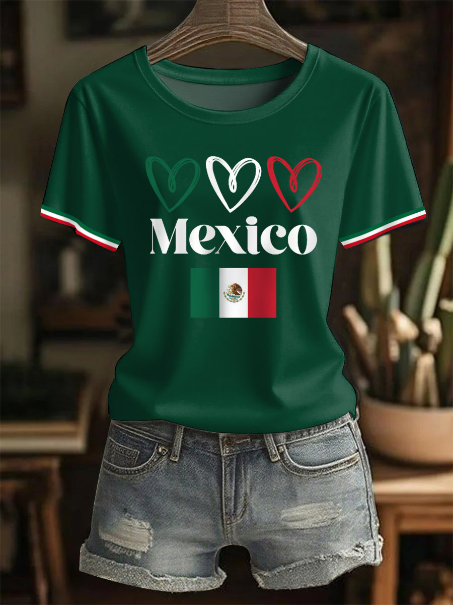 Camiseta casual del día de la independencia mexicana de la impresión del corazón del amor de la bandera mexicana de las mujeres