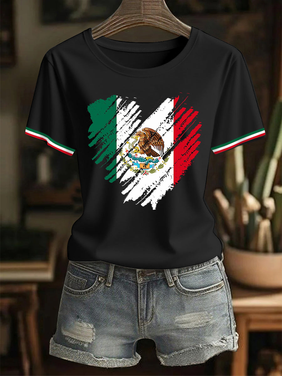 Camiseta casual del día de la independencia mexicana de la impresión del corazón del amor de la bandera mexicana de las mujeres