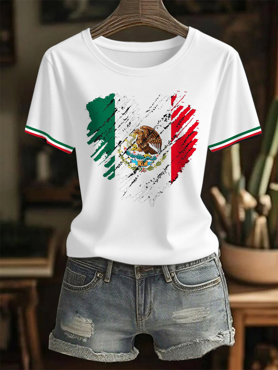 Camiseta casual del día de la independencia mexicana de la impresión del corazón del amor de la bandera mexicana de las mujeres