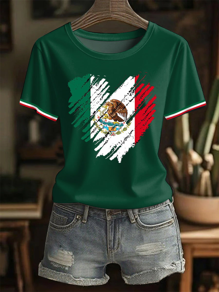 Camiseta casual del día de la independencia mexicana de la impresión del corazón del amor de la bandera mexicana de las mujeres