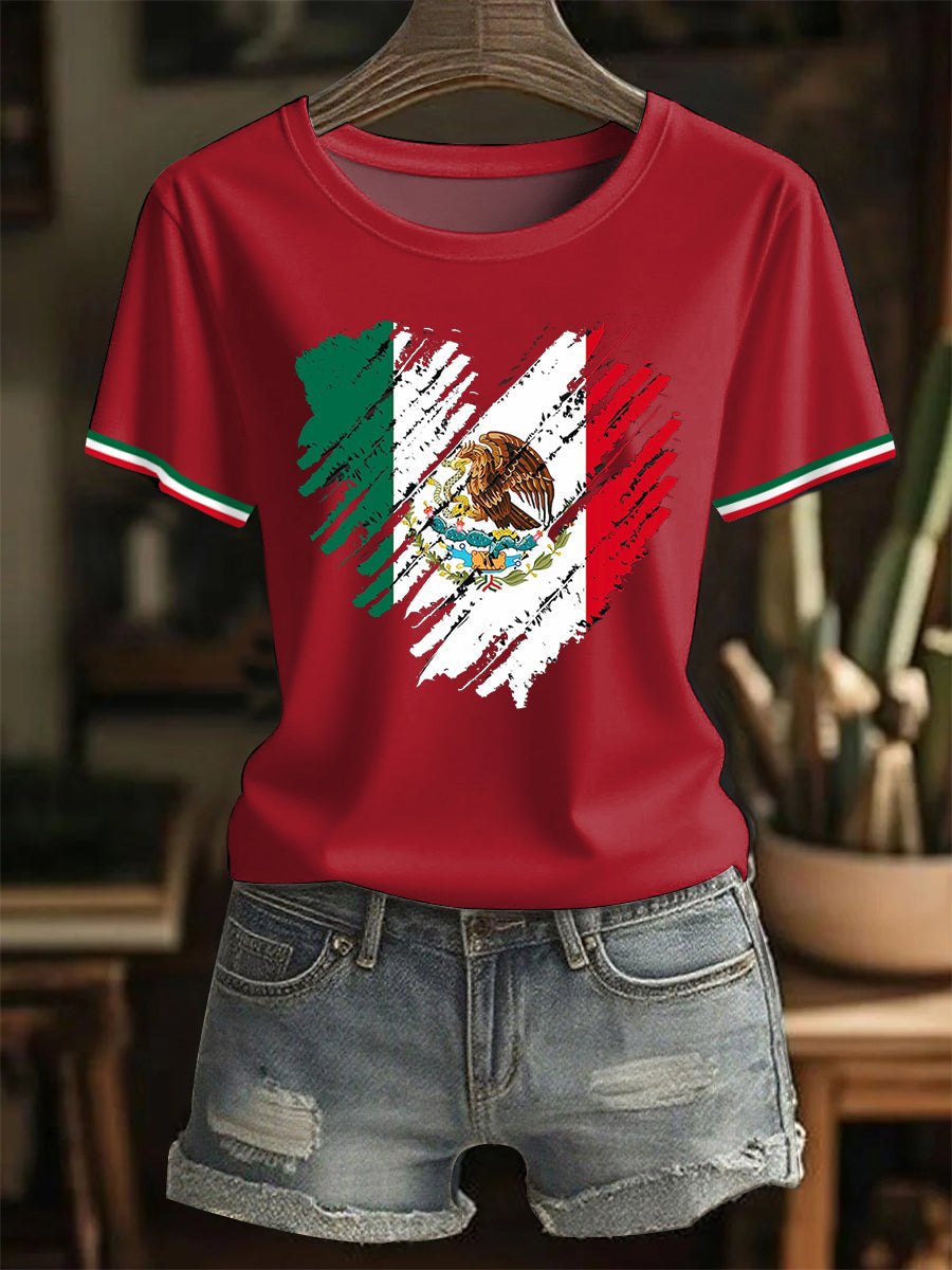 Camiseta casual del día de la independencia mexicana de la impresión del corazón del amor de la bandera mexicana de las mujeres