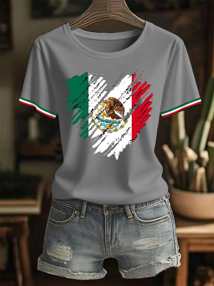 Camiseta casual del día de la independencia mexicana de la impresión del corazón del amor de la bandera mexicana de las mujeres