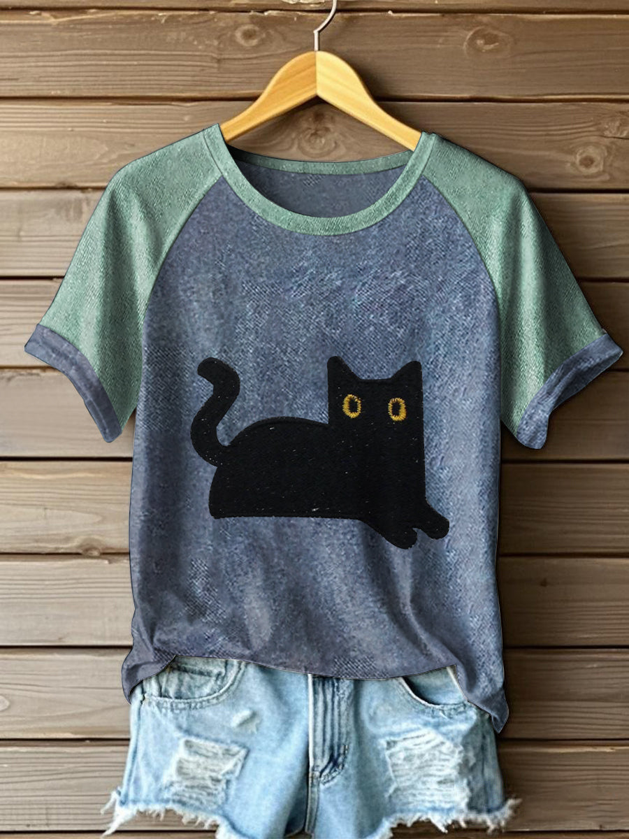 Camisetas color-bloqueado del gato negro de las mujeres