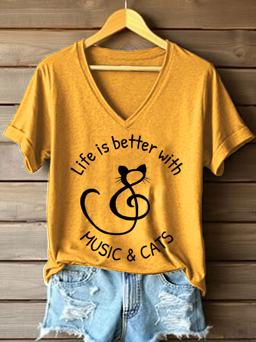 La vida de las mujeres es mejor con la música y los gatos imprimen la camiseta del cuello en V