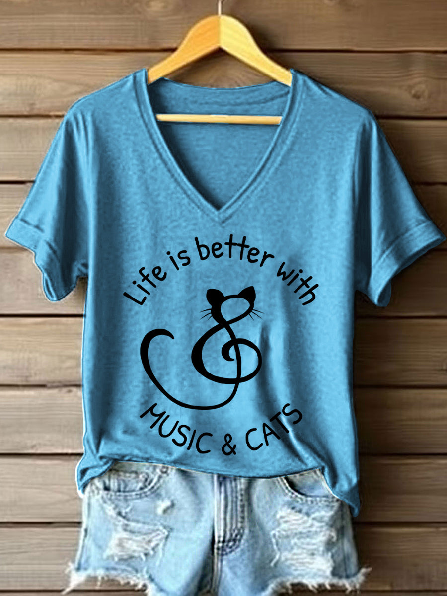 La vida de las mujeres es mejor con la música y los gatos imprimen la camiseta del cuello en V