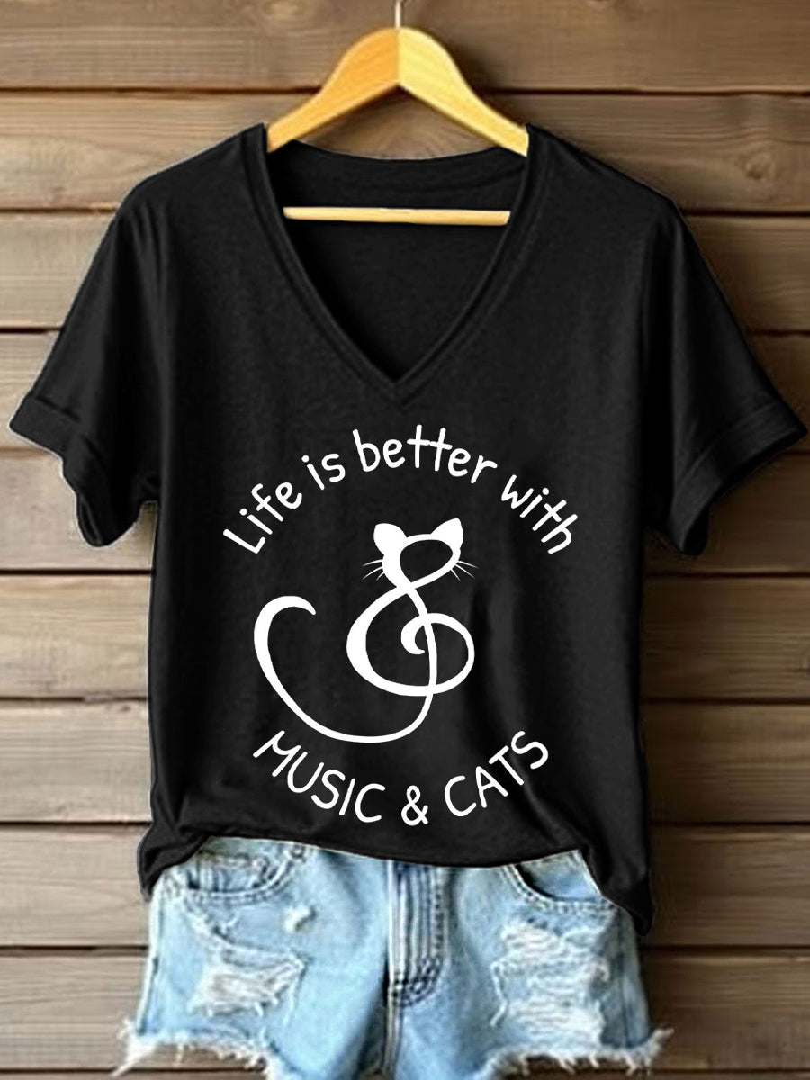La vida de las mujeres es mejor con la música y los gatos imprimen la camiseta del cuello en V