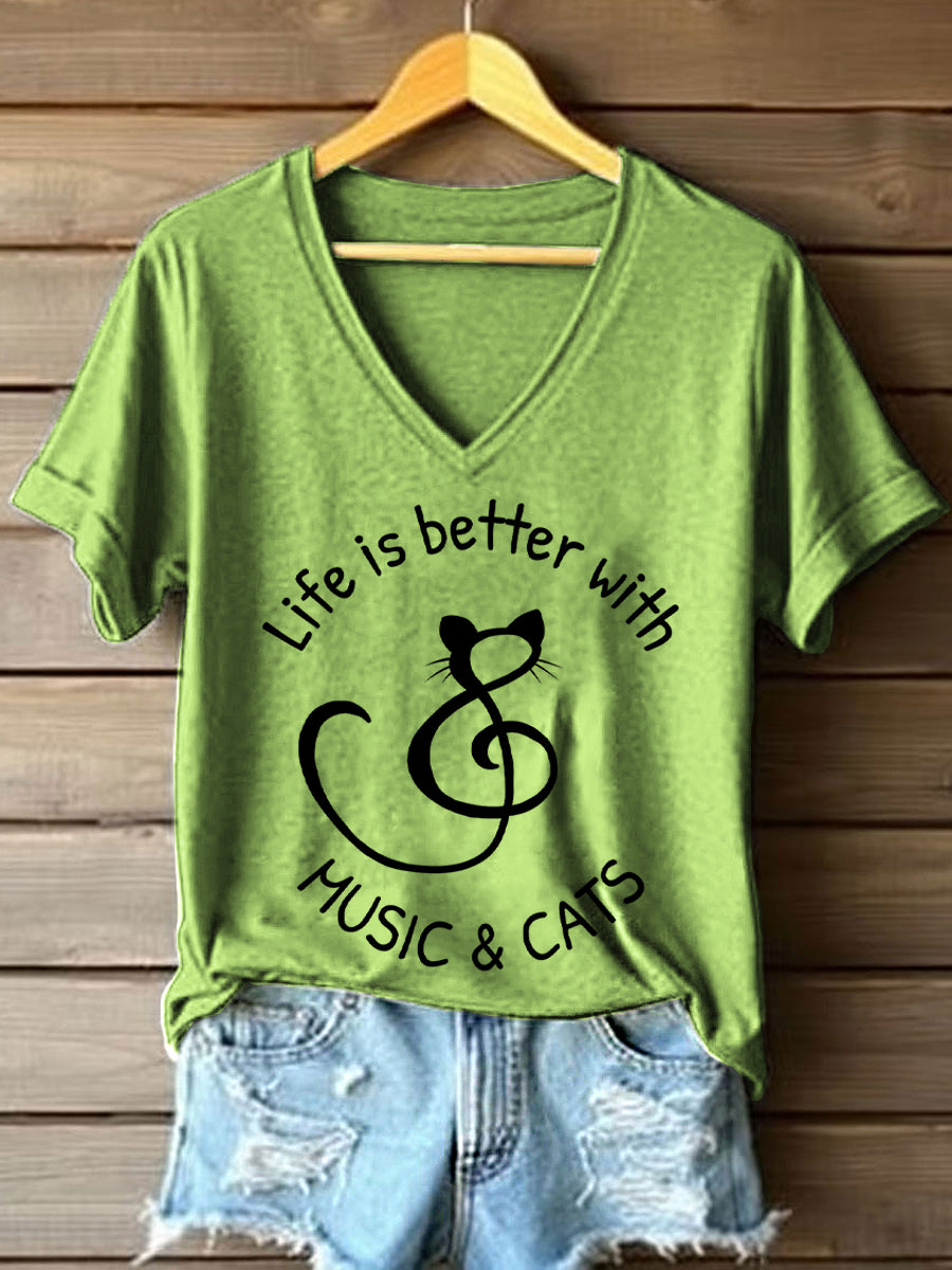 La vida de las mujeres es mejor con la música y los gatos imprimen la camiseta del cuello en V