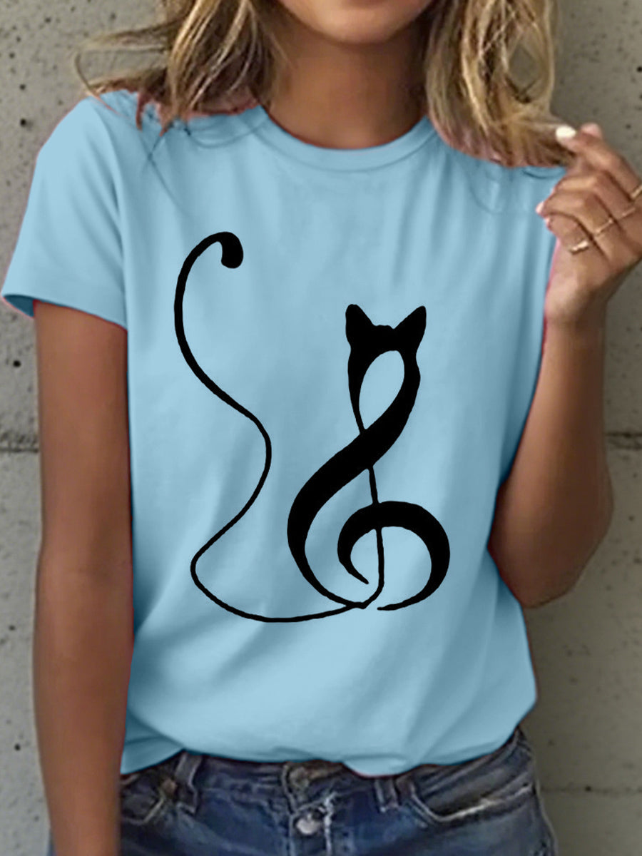 Camiseta con estampado de gato y notas musicales para mujer