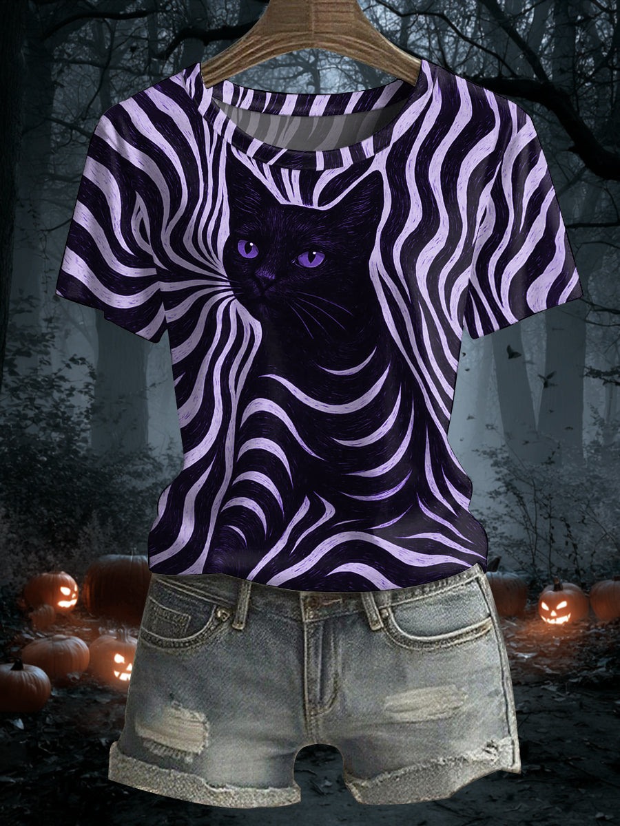 Mujer Halloween Black Cat Stripes Print Casual Tee