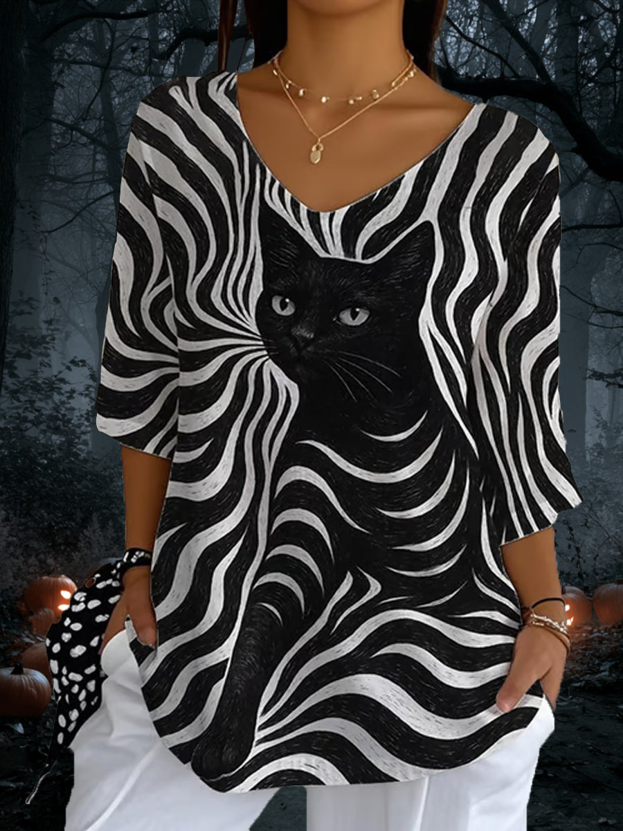 Top de manga larga casual de rayas de gato negro para mujer