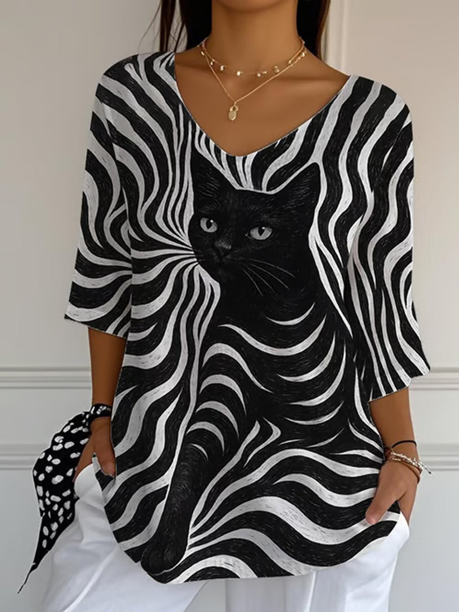 Top de manga larga casual de rayas de gato negro para mujer