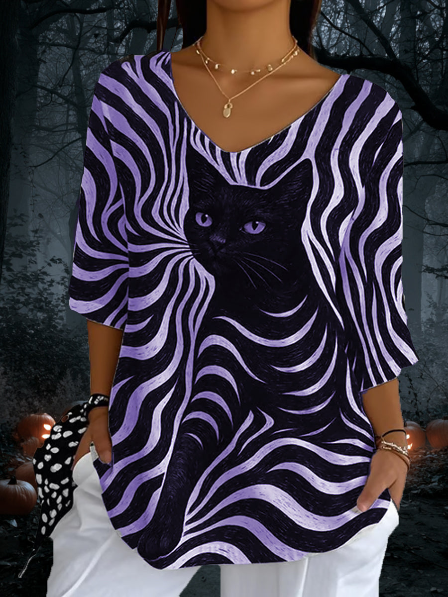 Top de manga larga casual de rayas de gato negro para mujer