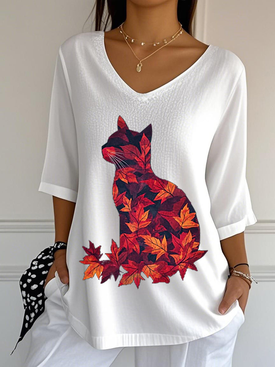 Casual otoño hojas gato impreso cuello en V Top de las mujeres