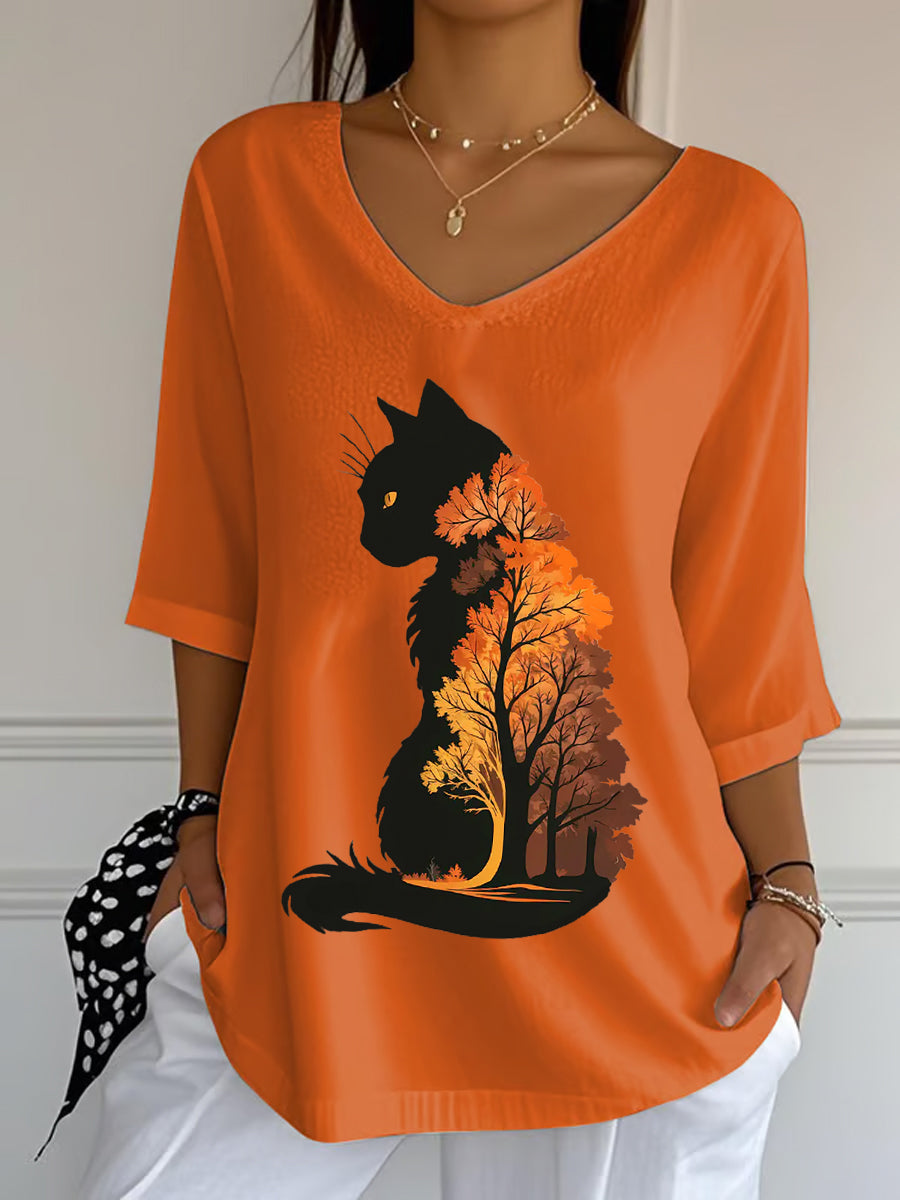 Casual otoño hojas gato impreso cuello en V Top de las mujeres