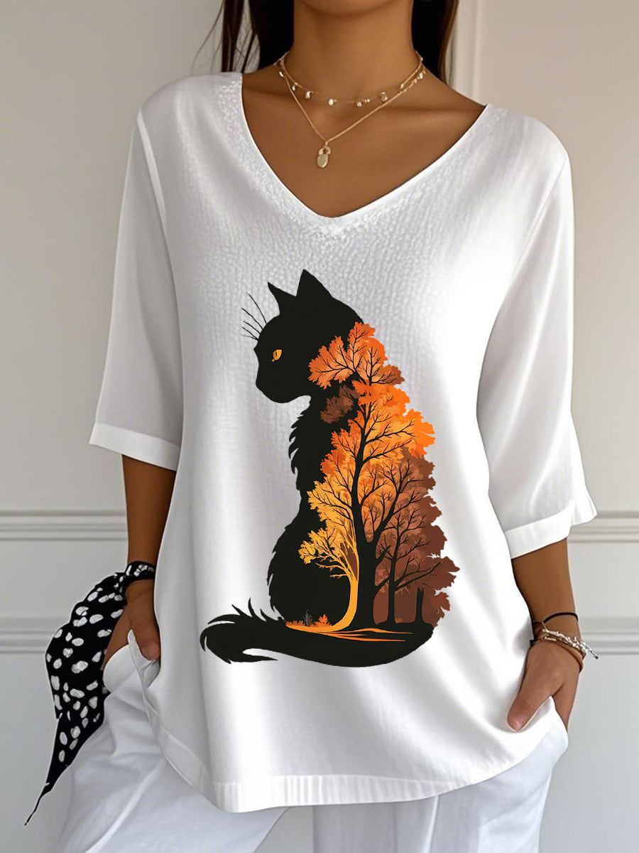 Casual otoño hojas gato impreso cuello en V Top de las mujeres