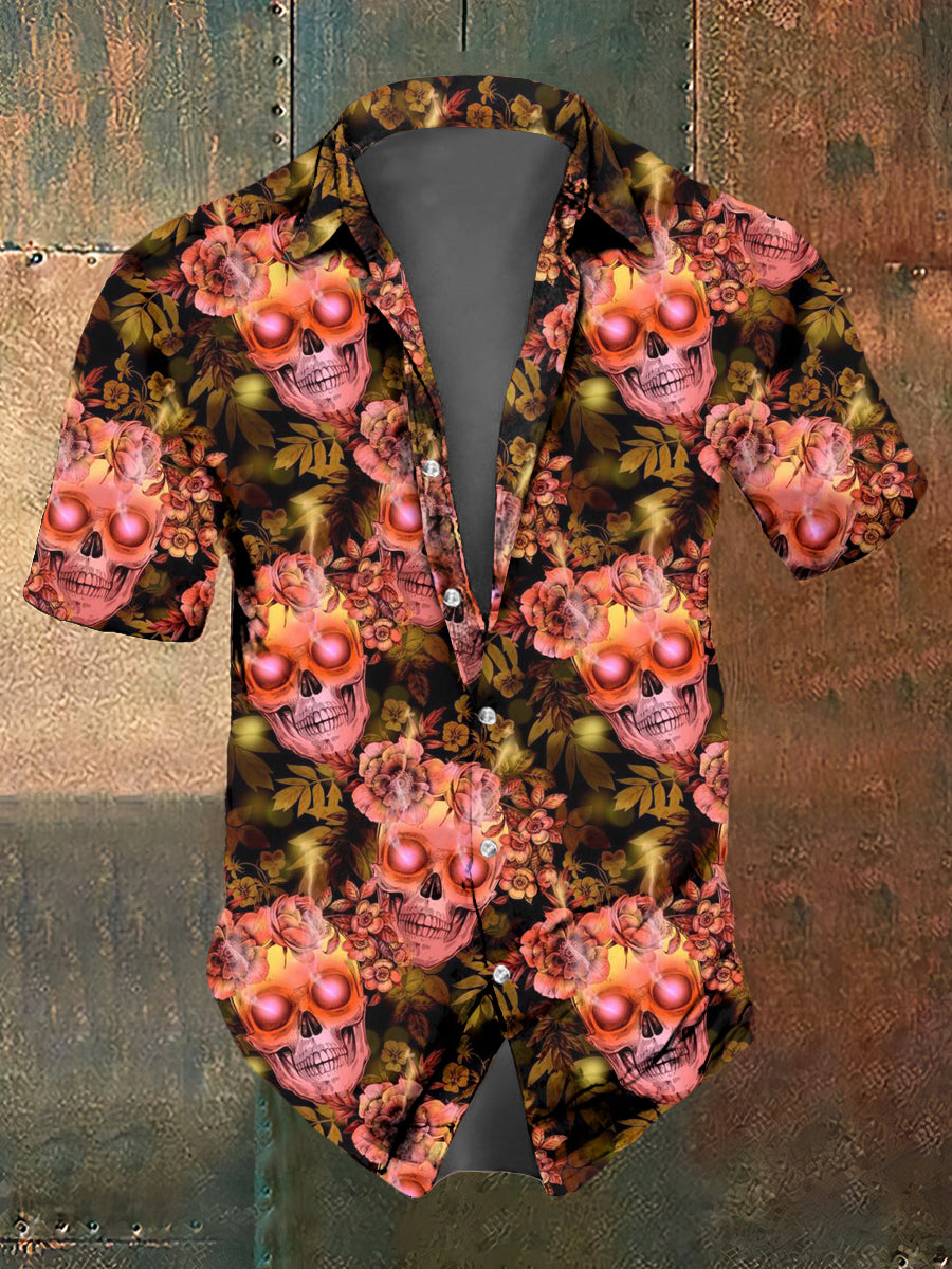 Camisa de manga corta casual con estampado de cráneo psicodélico abstracto para hombre