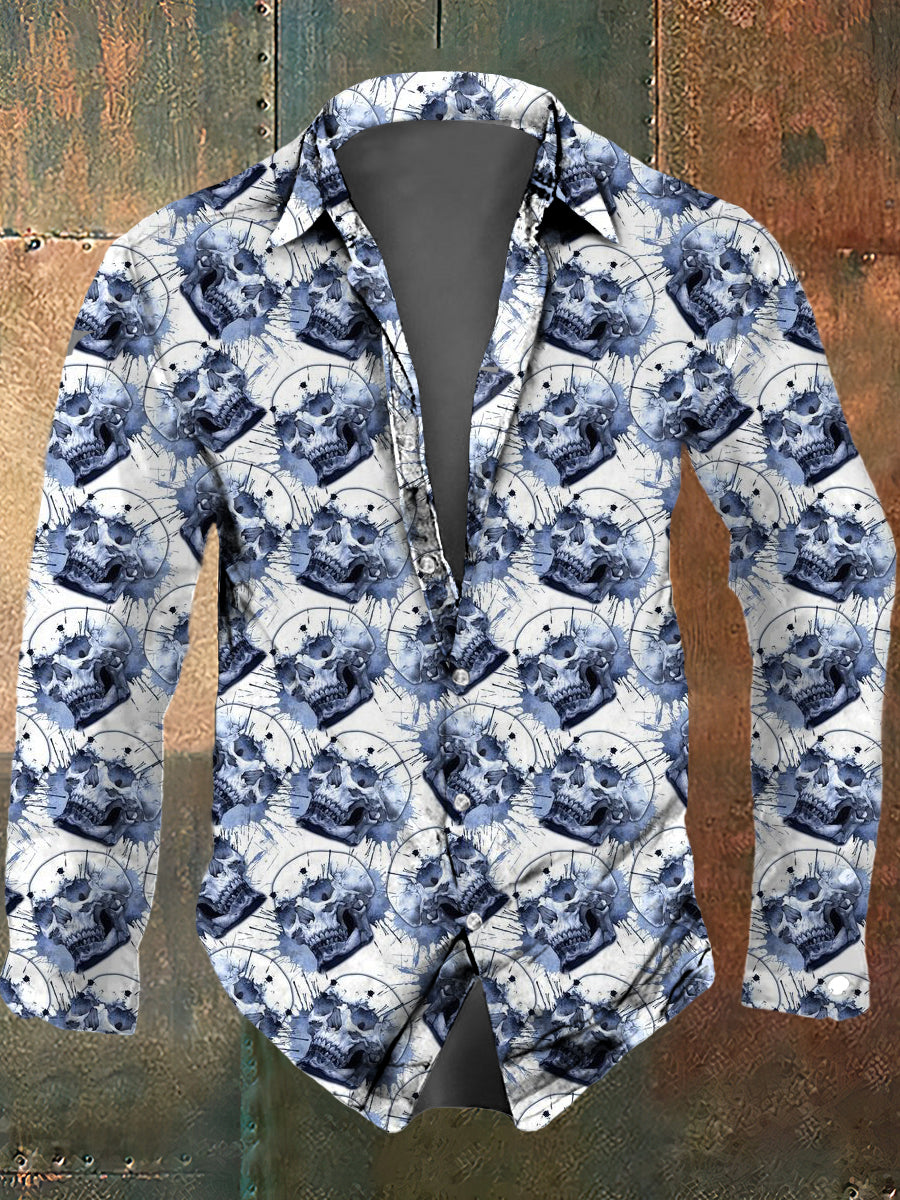 Camisa de manga larga casual con estampado de cráneo psicodélico para hombre