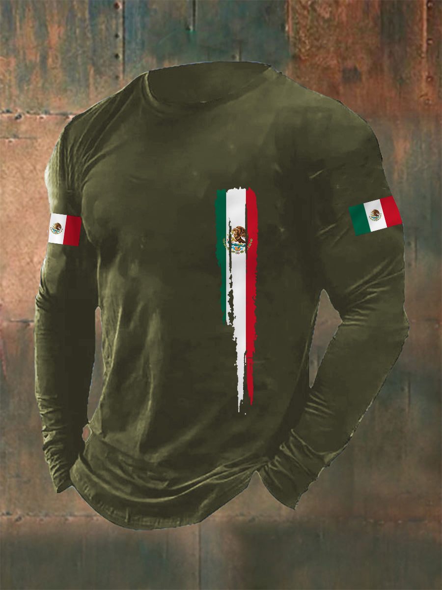 Camiseta de manga larga casual con estampado de bandera mexicana para hombre
