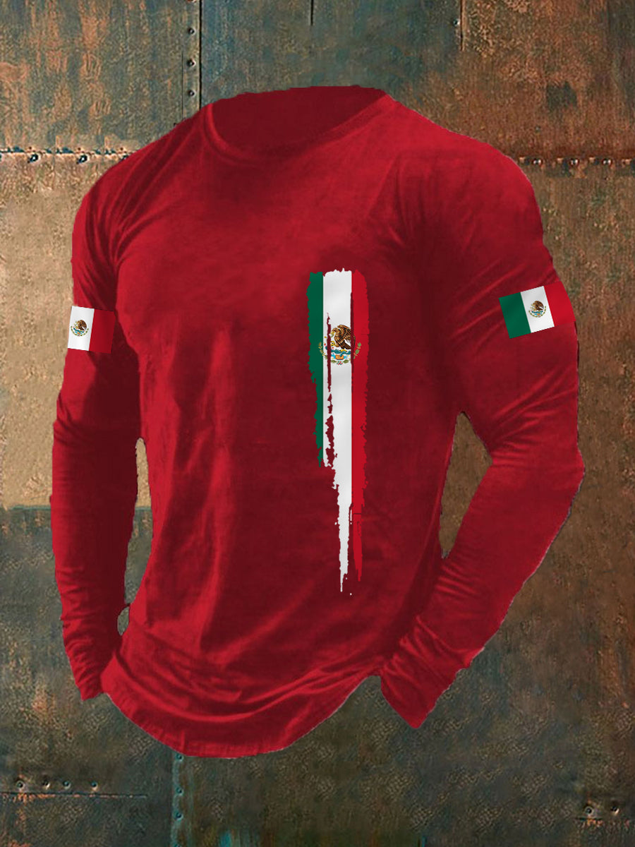 Camiseta de manga larga casual con estampado de bandera mexicana para hombre