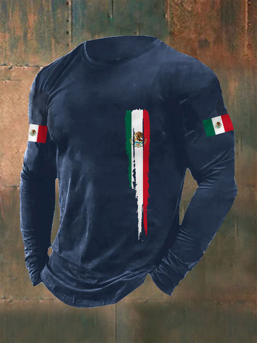Camiseta de manga larga casual con estampado de bandera mexicana para hombre