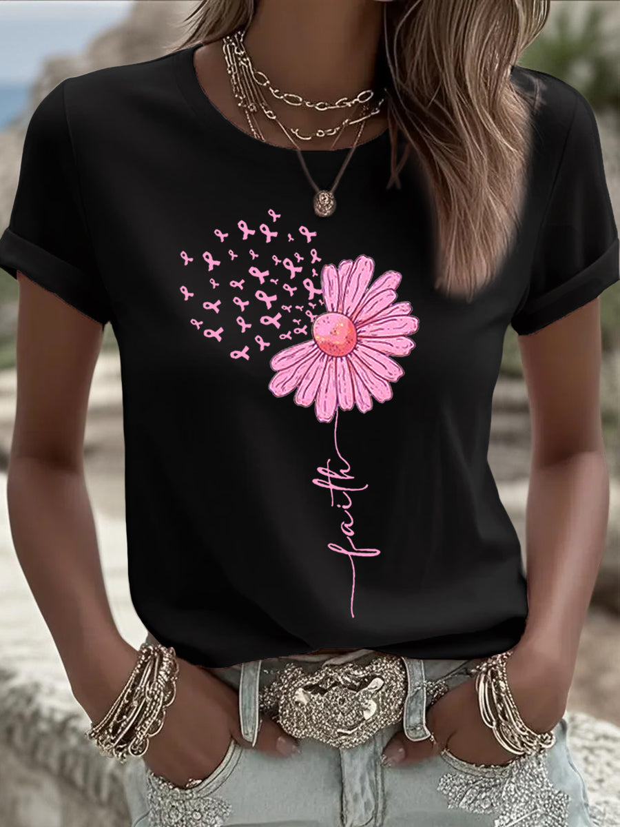 Camiseta de apoyo de concienciación sobre el cáncer de mama con estampado de girasol de cinta rosa para mujer