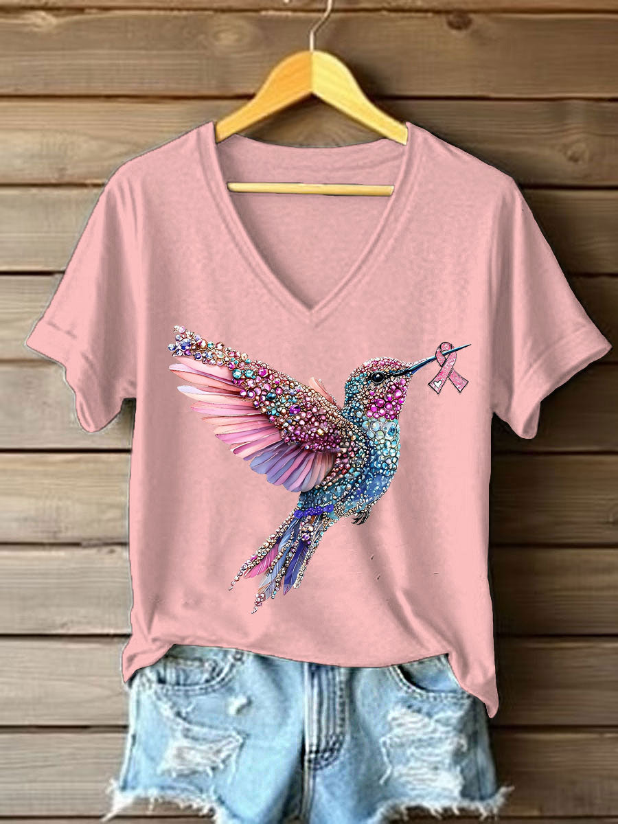 Camiseta casual con estampado de colibrí rosa para mujer