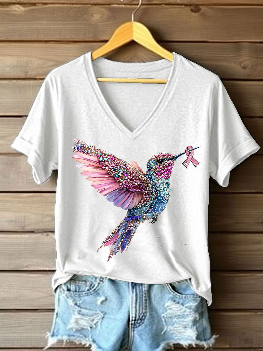 Camiseta casual con estampado de colibrí rosa para mujer