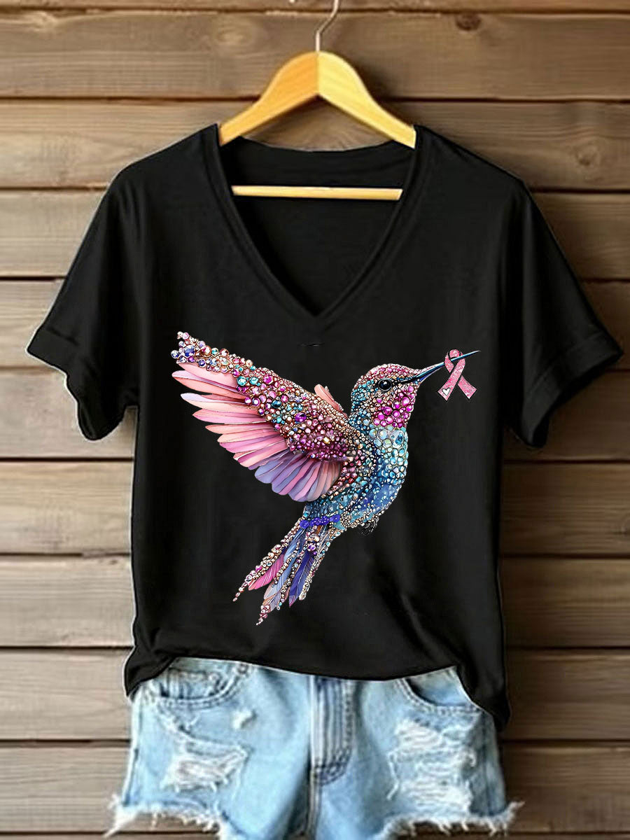 Camiseta casual con estampado de colibrí rosa para mujer