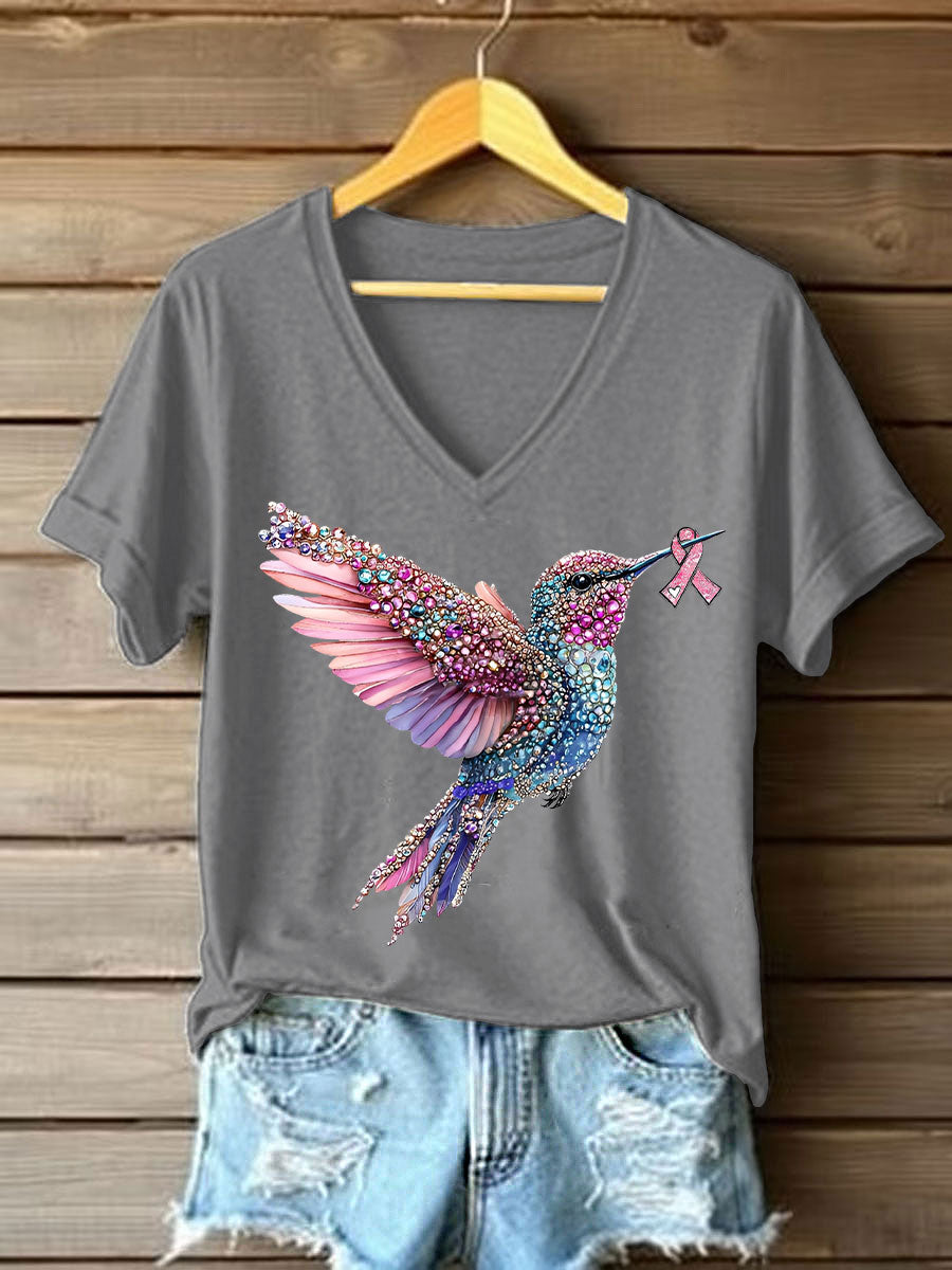 Camiseta casual con estampado de colibrí rosa para mujer