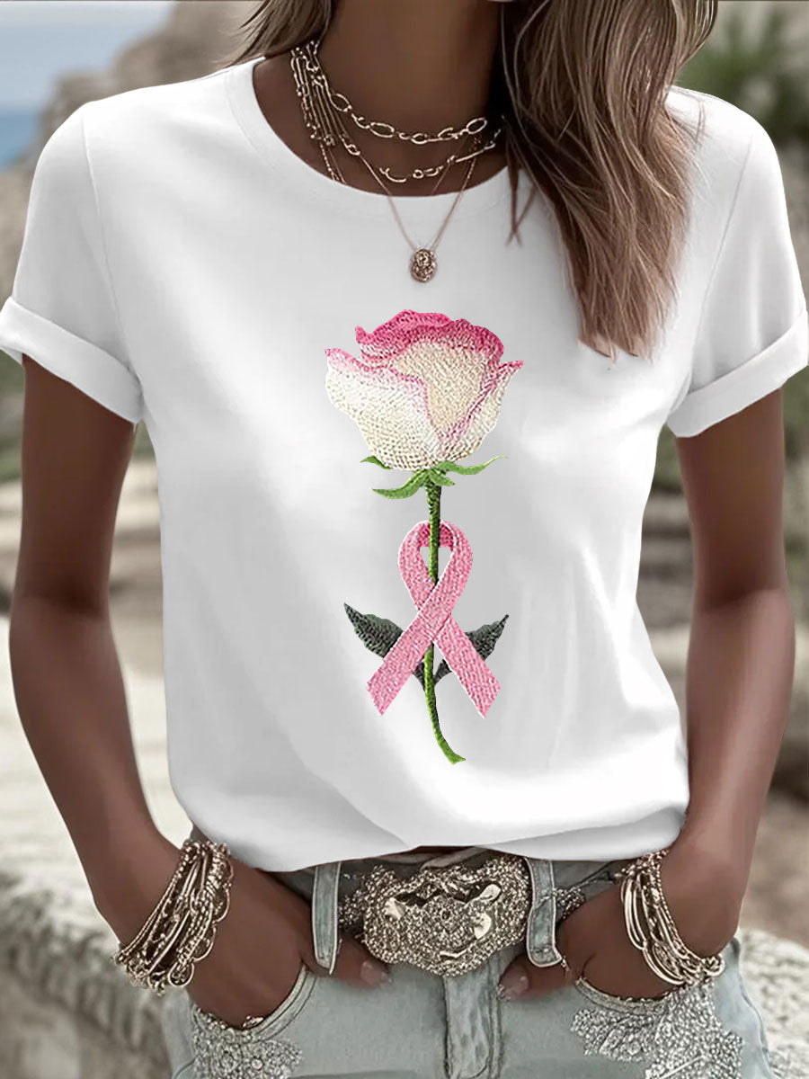 Camiseta casual con estampado floral rosa para mujer