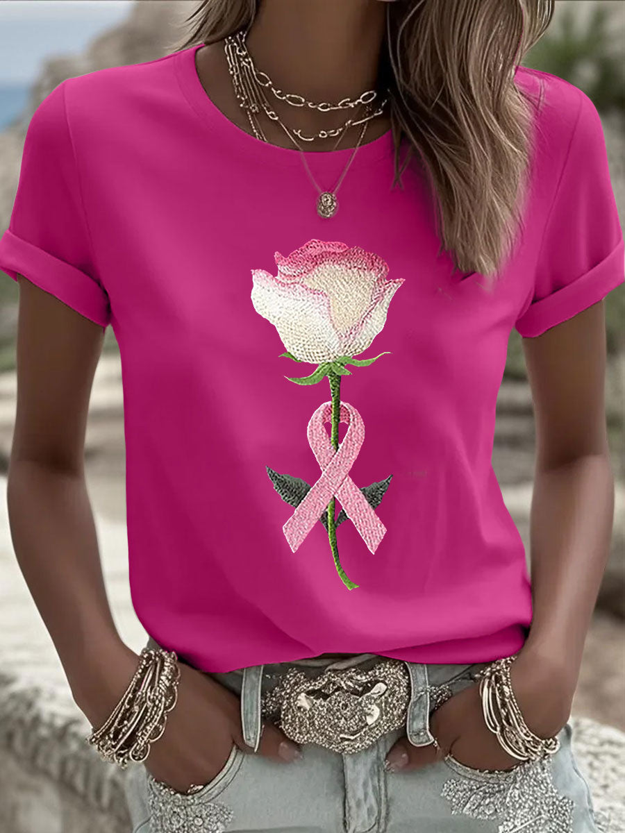 Camiseta casual con estampado floral rosa para mujer