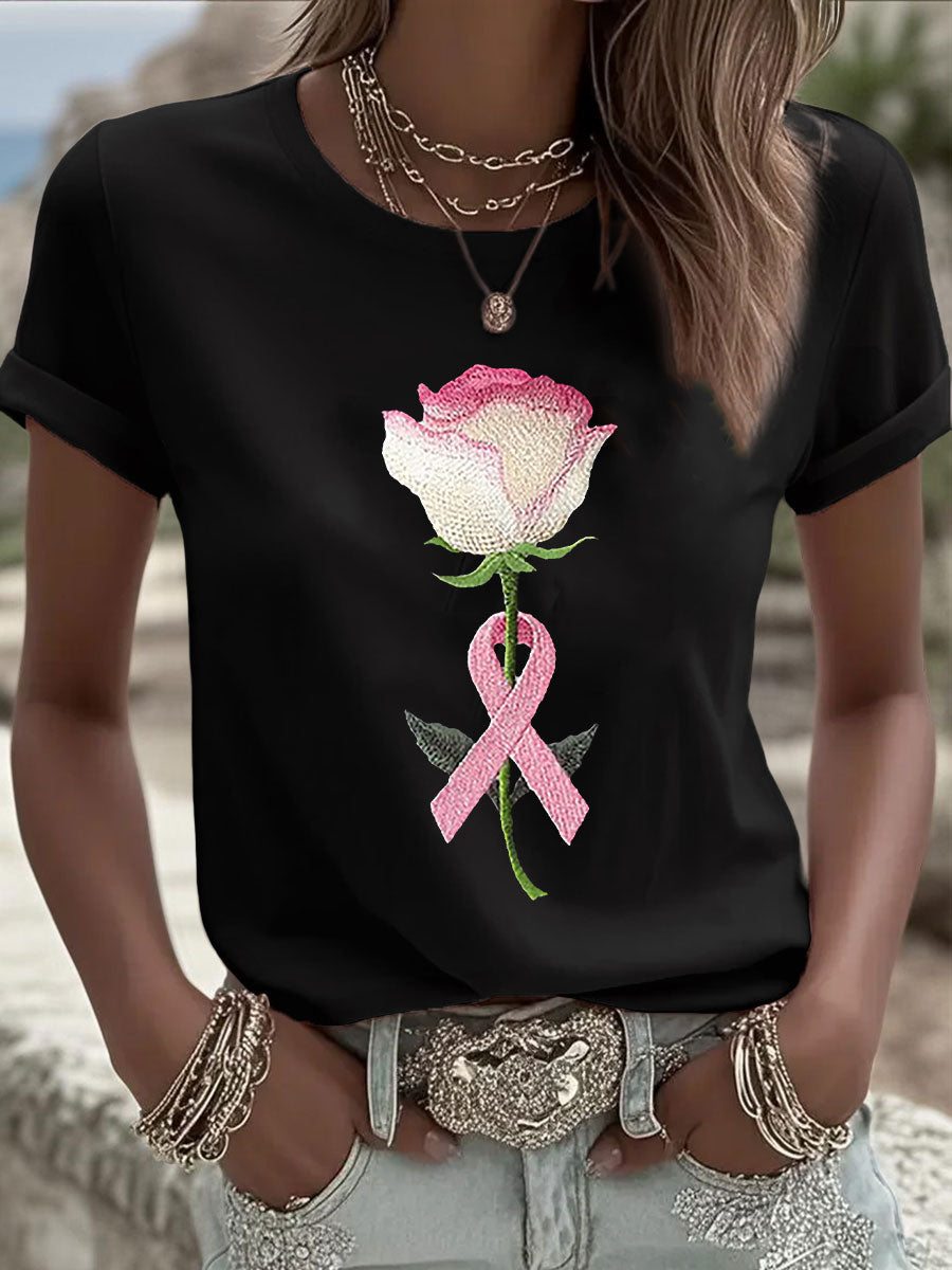 Camiseta casual con estampado floral rosa para mujer