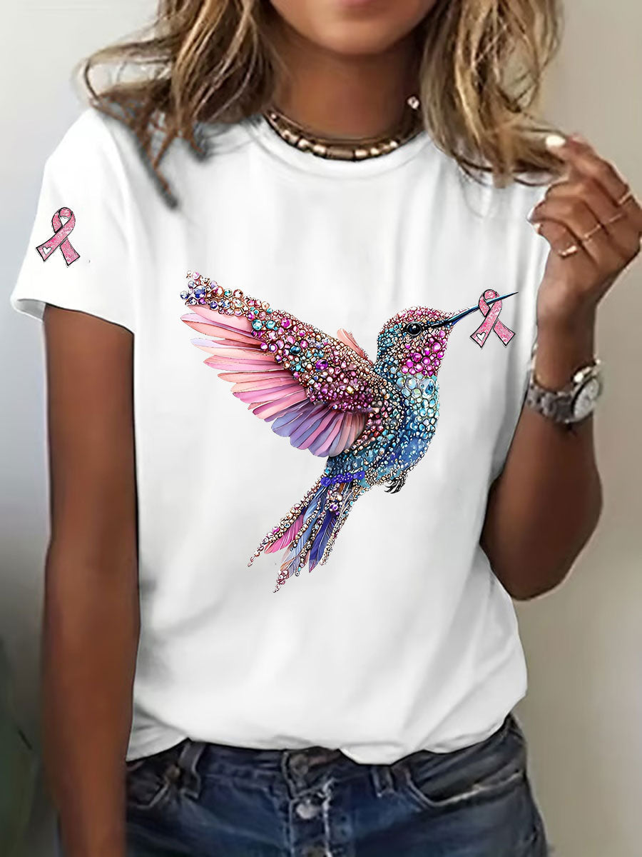 Camiseta casual de la impresión del colibrí de la conciencia del cáncer de pecho de las mujeres