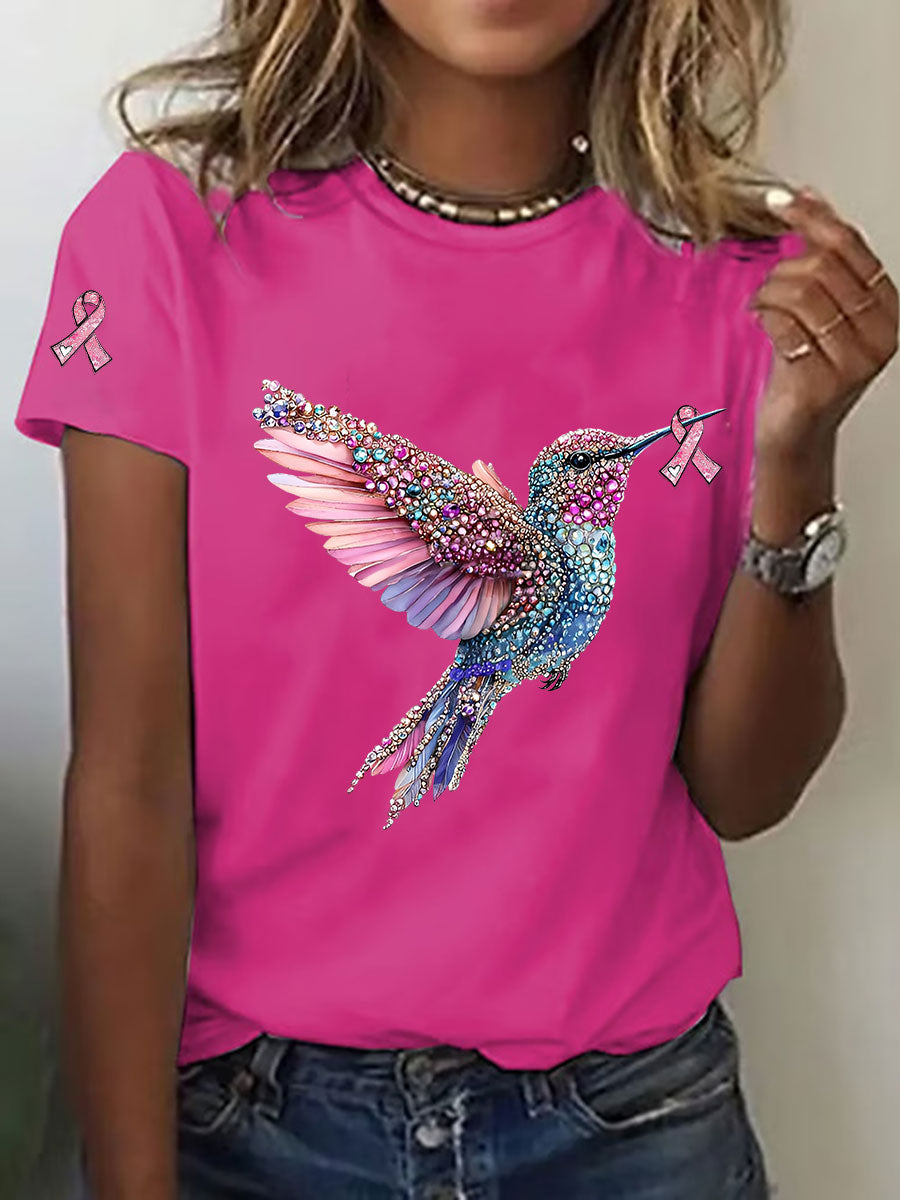 Camiseta casual de la impresión del colibrí de la conciencia del cáncer de pecho de las mujeres