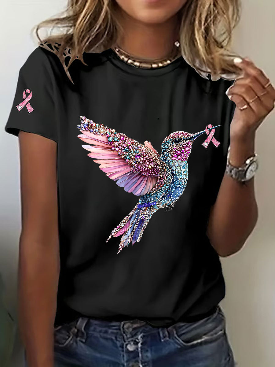 Camiseta casual de la impresión del colibrí de la conciencia del cáncer de pecho de las mujeres