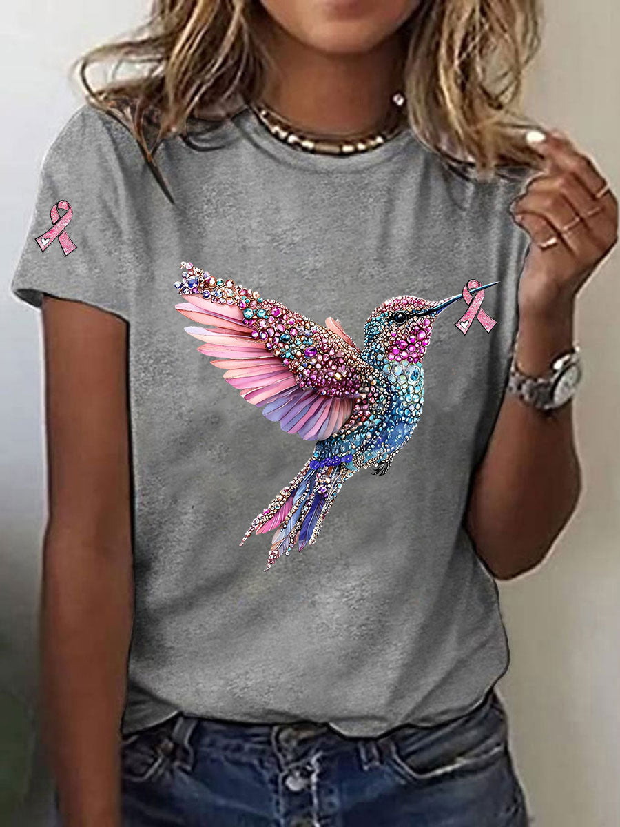 Camiseta casual de la impresión del colibrí de la conciencia del cáncer de pecho de las mujeres