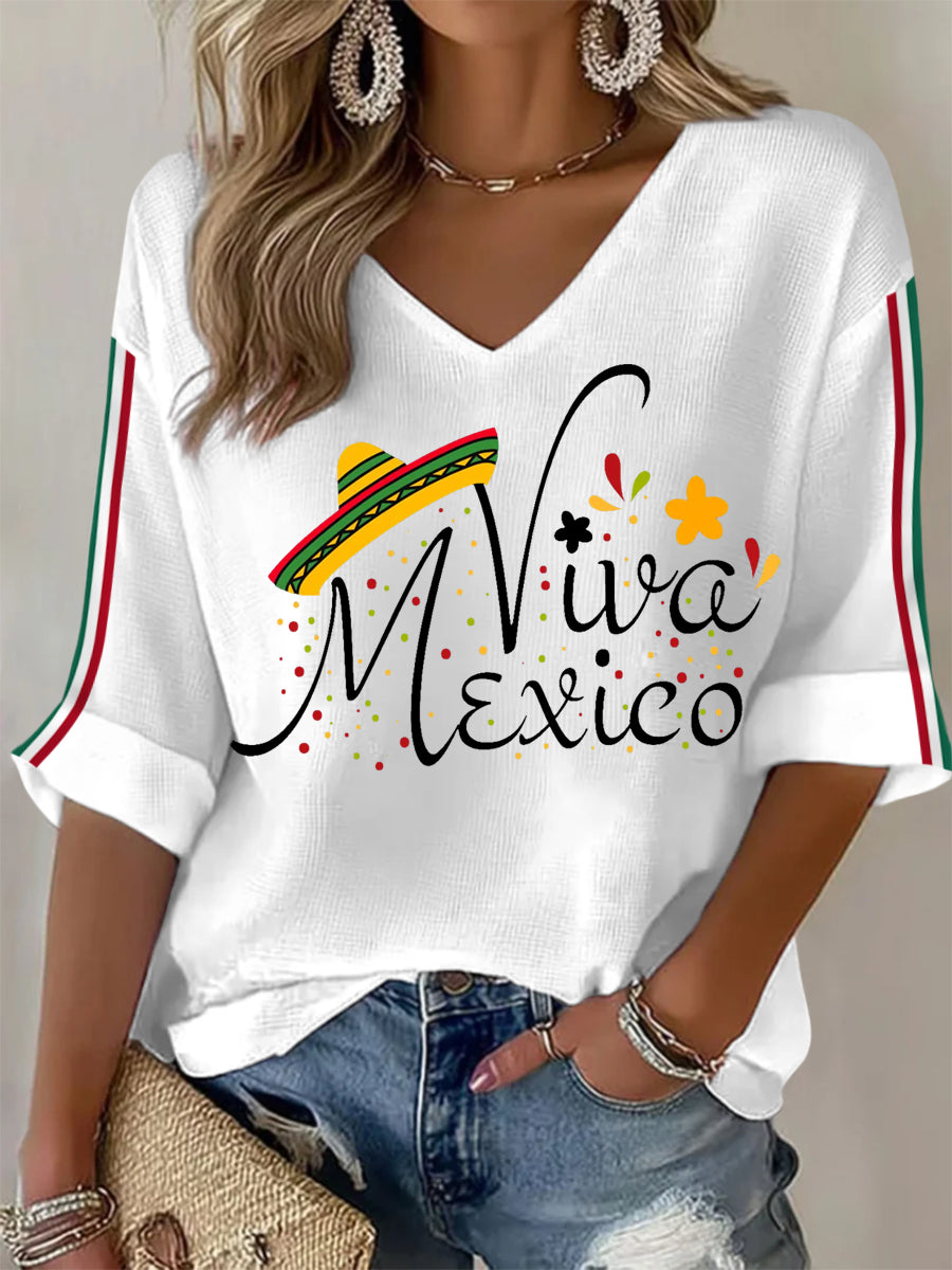 Camiseta de manga larga con cuello en V Viva México para mujer