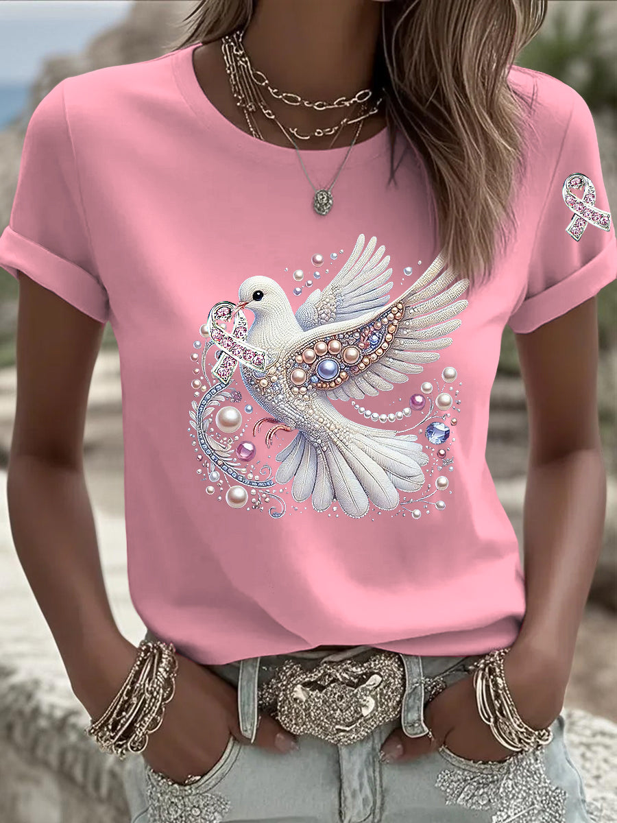 Camiseta casual con estampado de diamantes de imitación de cinta de paloma para mujer