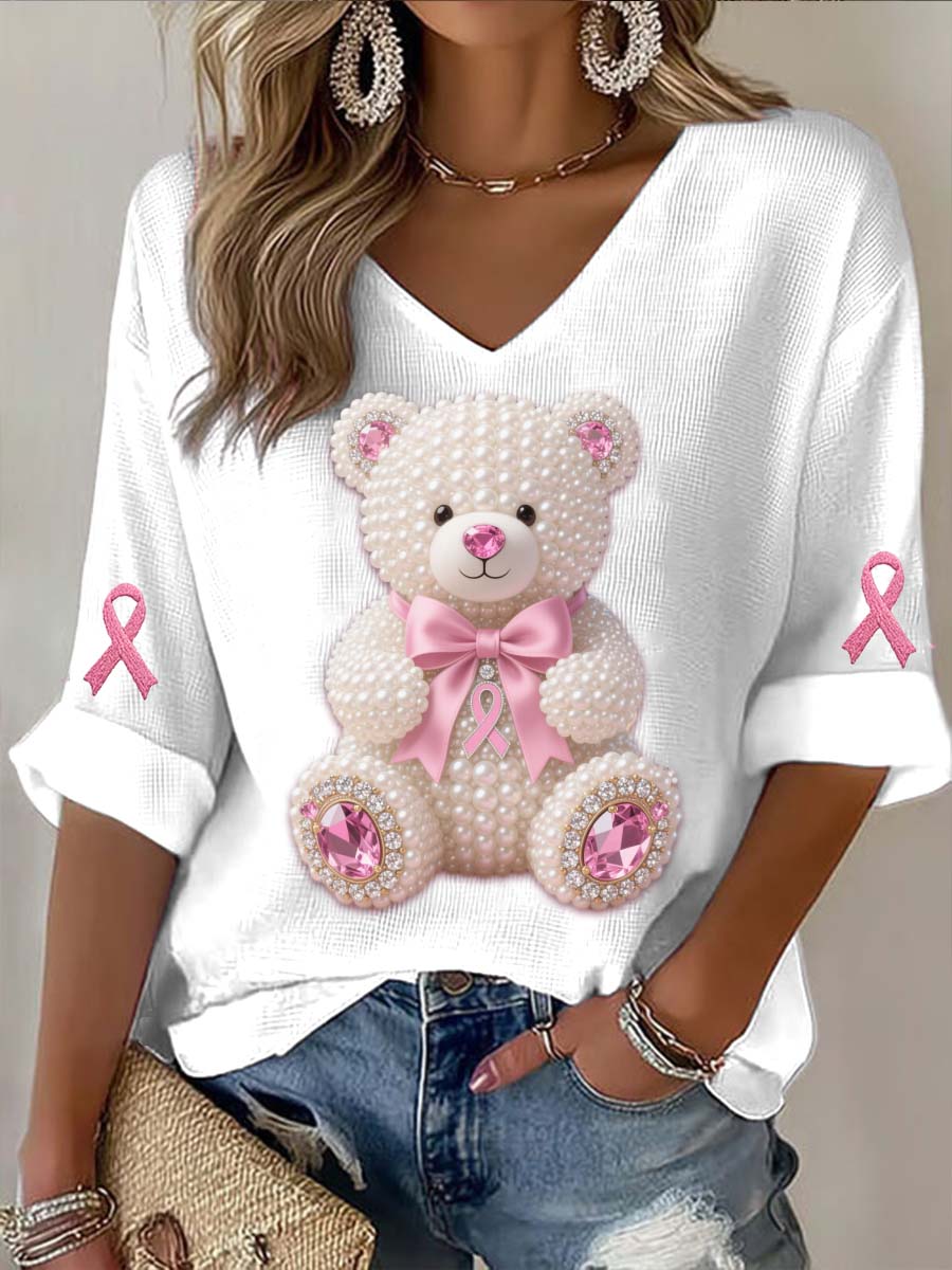 Camiseta de manga larga de algodón casual estampado abstracto de perlas de oso de cáncer de mama vintage
