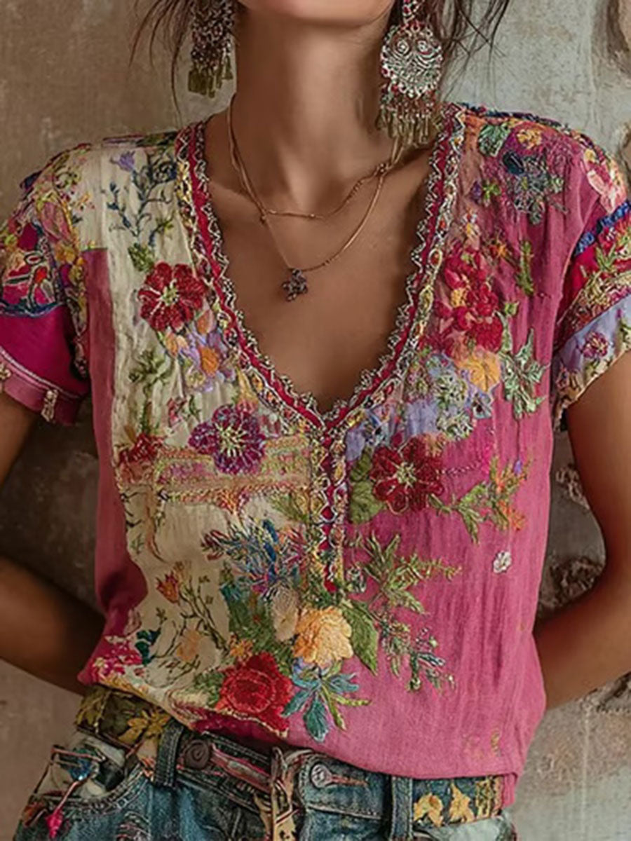 Camiseta casual con estampado floral rosa para mujer