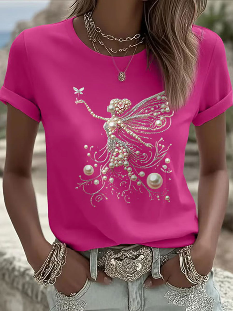Camiseta casual con estampado de perlas rosa para mujer