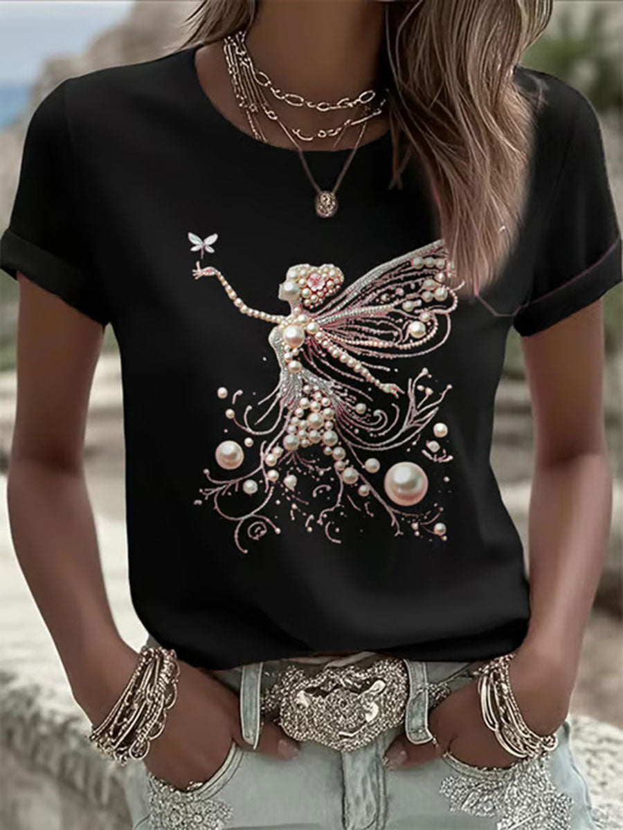 Camiseta casual con estampado de perlas rosa para mujer