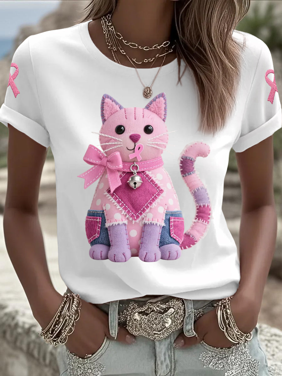 Mujer Pink Cat Pink Ribbon Breast Cancer Concientización Apoyo Tee
