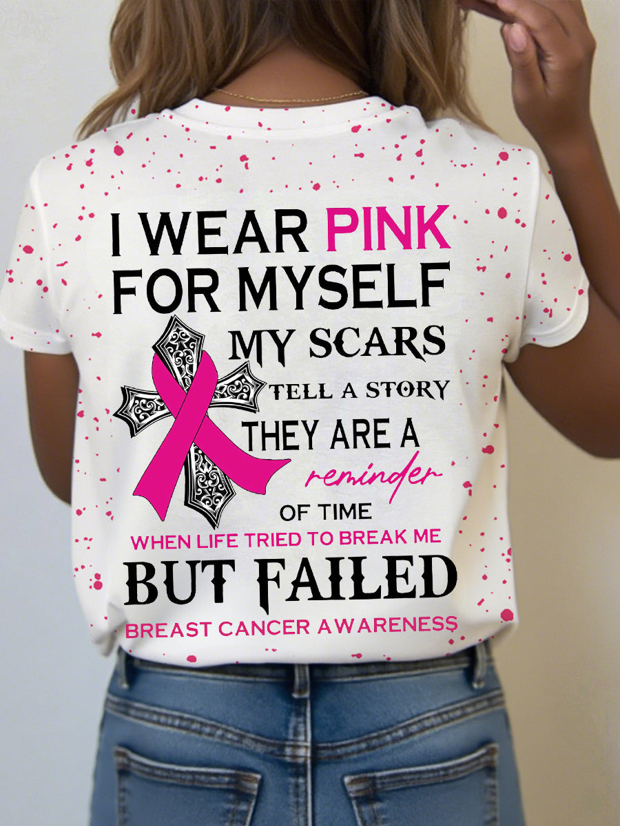 Camiseta Conciencia del cáncer de pecho de las mujeres que uso rosa para mí mis cicatrices dicen una historia