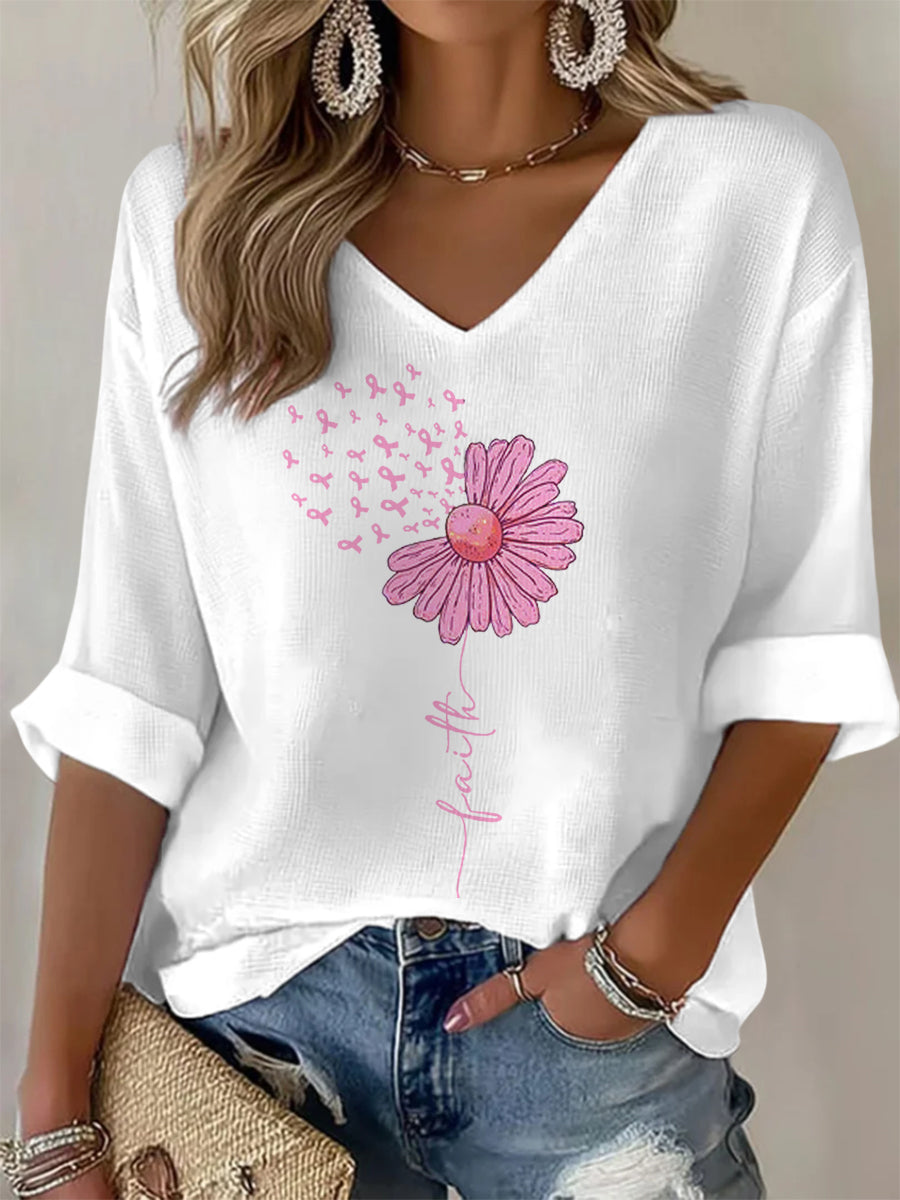 Top con cuello en V para mujer Pink Ribbon Sunflower Faith Breast Cancer Awareness Support