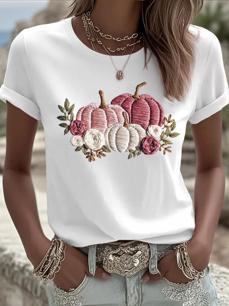 Camiseta casual con estampado de calabaza rosa para mujer