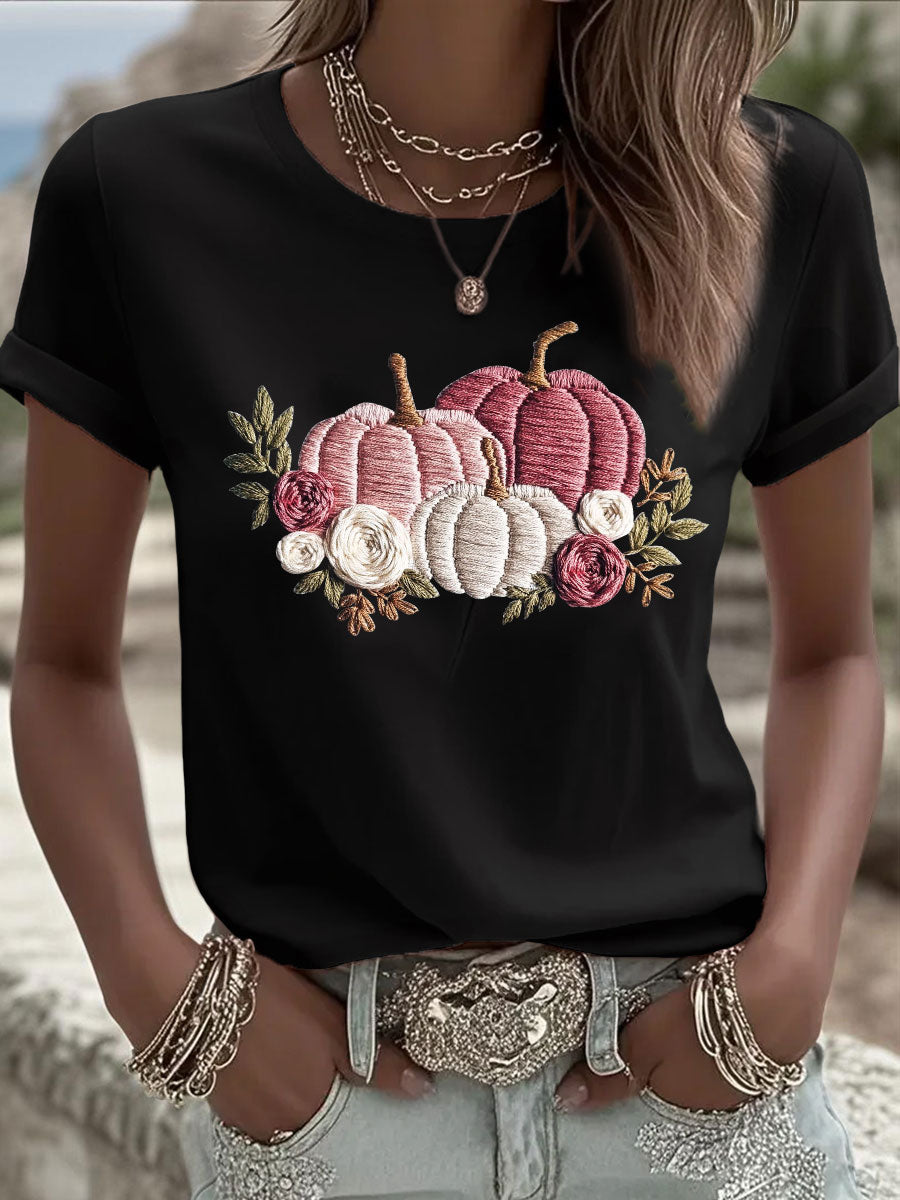 Camiseta casual con estampado de calabaza rosa para mujer
